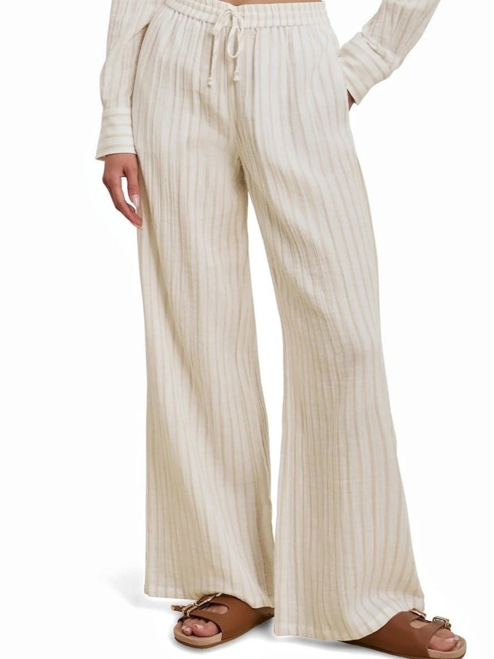 NWT Favorite Daughter The Slip It On Wide Leg Pantsin Light Khaki Stripe